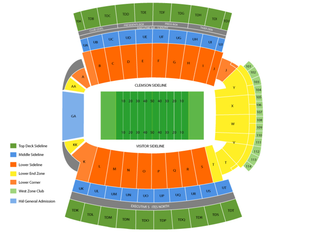 Seating Chart for Football Seating Chart at Clemson Memorial Stadium